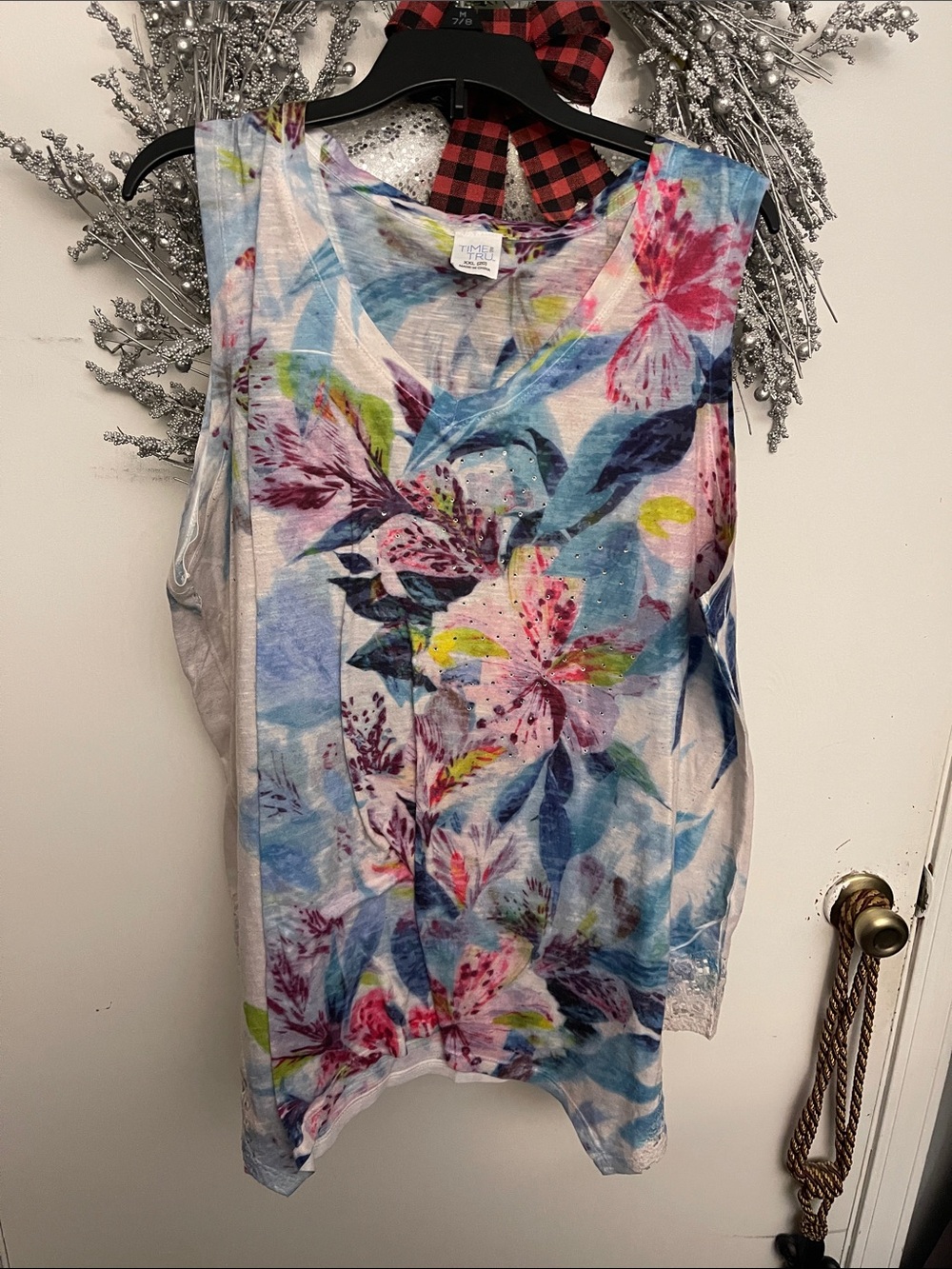 Time and Tru Floral V-Neck Sleeveless Tank Top - Pink, Blue & Green